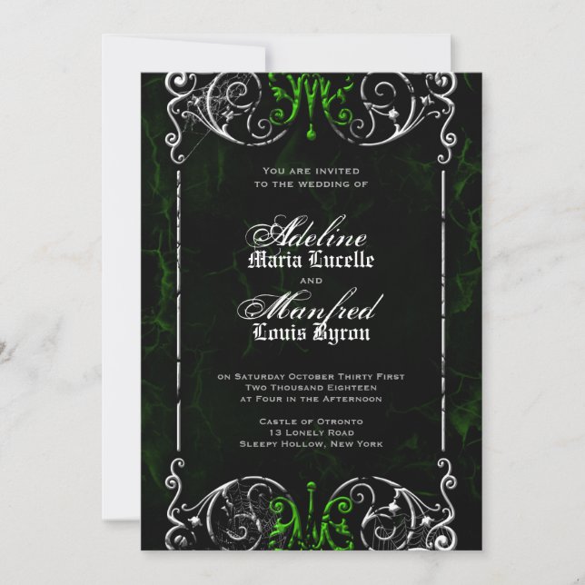 Invitación a la Boda Verde Gótica Victoriana Famos (Anverso)