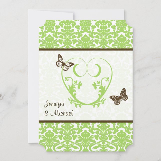 Invitación a la boda verde, marrón, mariposas (Anverso)