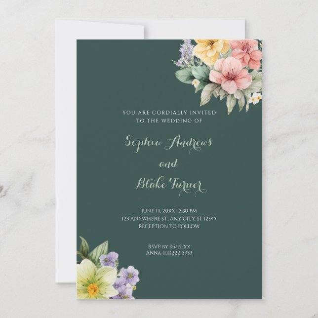 Invitación a la boda verde moderna y flores pastel (Anverso)
