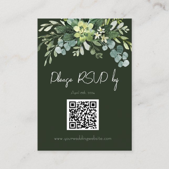 Invitación a la boda verde oscuro y floral RSVP (Anverso)