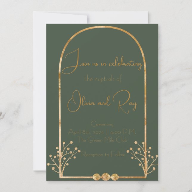 Invitación a la Boda Verde Oscuro y Oro (Anverso)