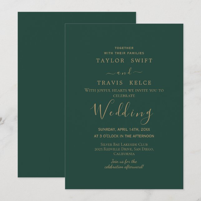 Invitación a la boda verde por caligrafía de oro (Anverso / Reverso)