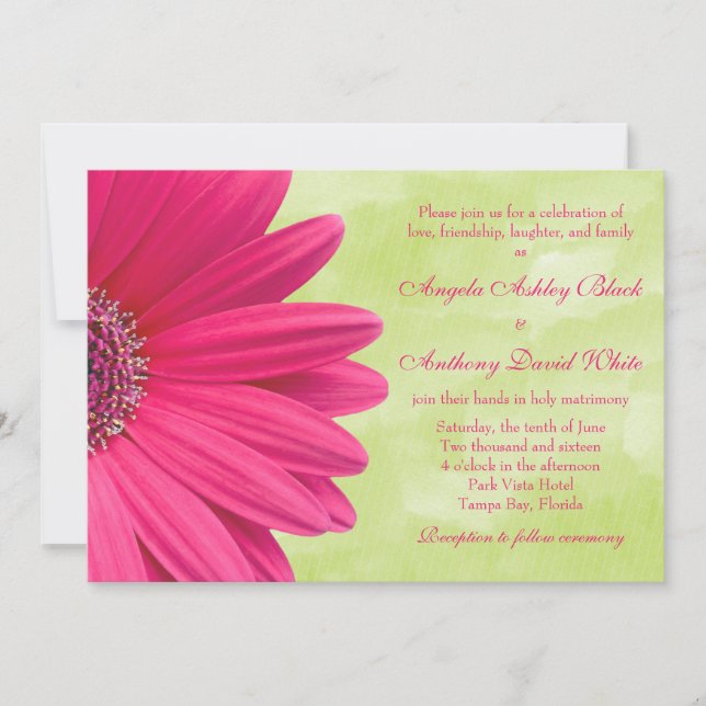 Invitación a la Boda Verde por Daisy Gerbera Rosa (Anverso)