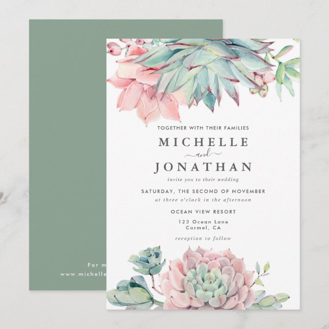 Invitación a la Boda Verde Rosa Dulce (Anverso / Reverso)