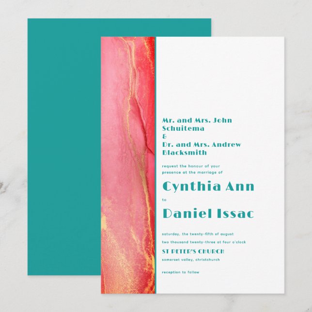 Invitación a la boda verde rosada de verano modern (Anverso / Reverso)