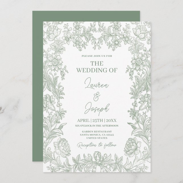 Invitación a la boda verde sabia (Anverso / Reverso)
