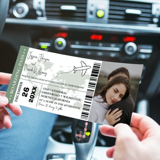 Invitación a la boda verde sabia Billete de embarq (Subido por el creador)