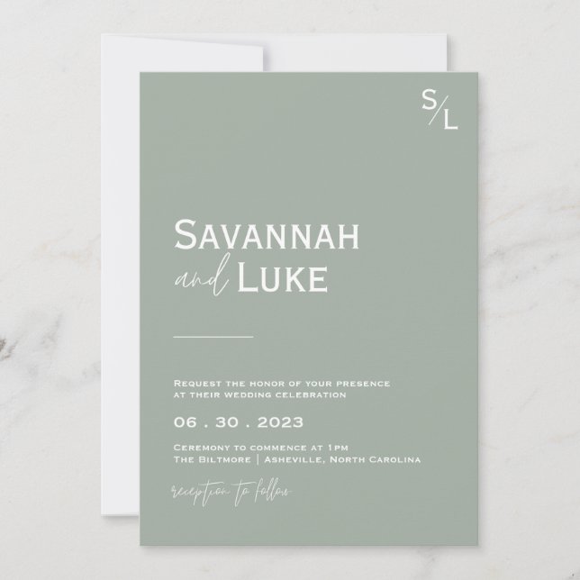 Invitación a la boda verde sabia minimalista (Anverso)