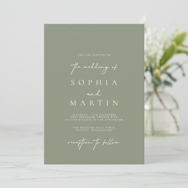 Invitación a la boda verde sage Minimalista modern (Anverso de pie)