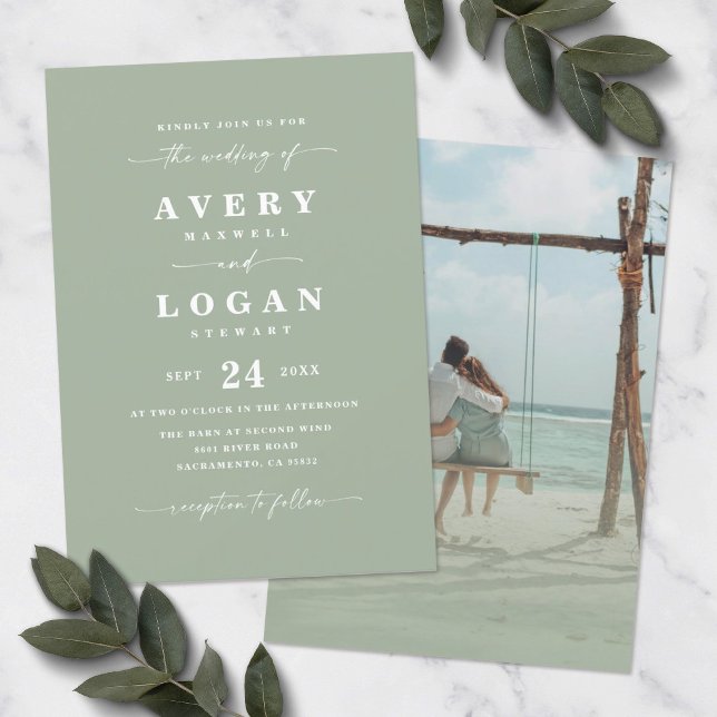 Invitación a la boda verde simple con hoja con fot (Subido por el creador)