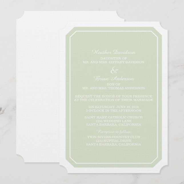 Invitación a la boda verde simple y elegante (Anverso / Reverso)