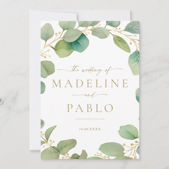 Invitación a la boda verde, verde y de oro (Anverso)