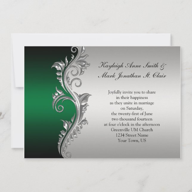 Invitación a la boda verde, verde y plateado (Anverso)