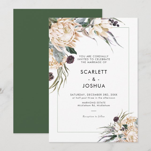 Invitación a la boda verde y blanca de Esmeralda (Anverso / Reverso)
