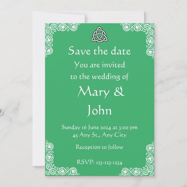 Invitación a la boda verde y blanca irlandesa (Anverso)