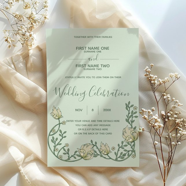 Invitación a la boda verde y crema de Art Nouveau (Art nouveau wedding invitation. Green script and vintage style flowers.)