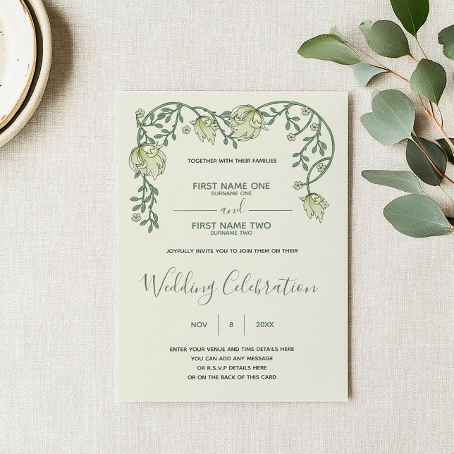 Invitación a la boda verde y crema de Art Nouveau (Art nouveau wedding invitation with green script and vintage style floral top frame)