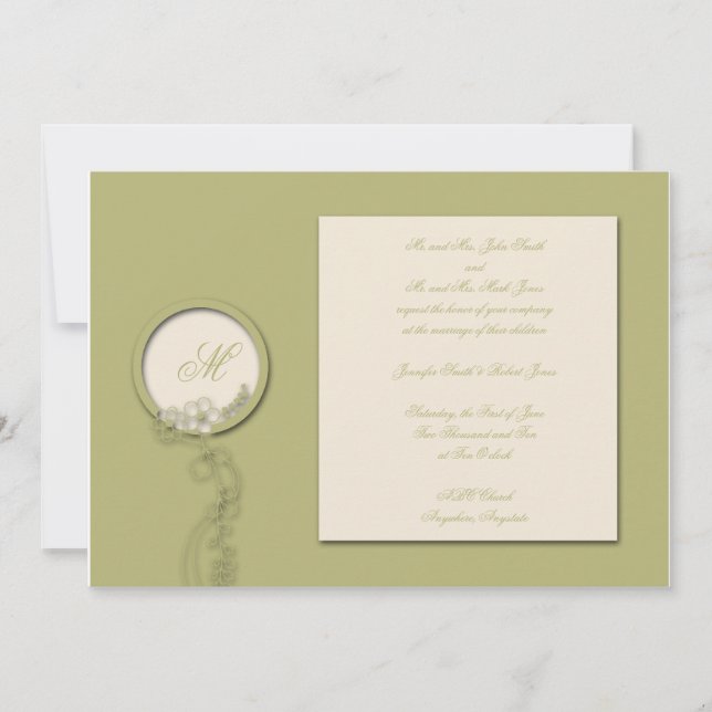 Invitación a la boda verde y crema en un monograma (Anverso)