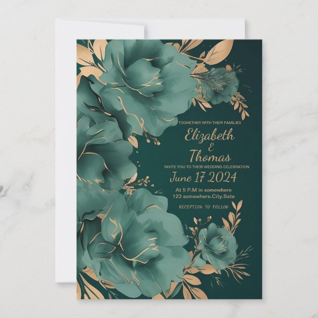 Invitación a la boda verde y de oro. (Anverso)