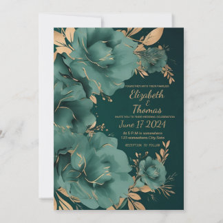 Invitación a la boda verde y de oro.