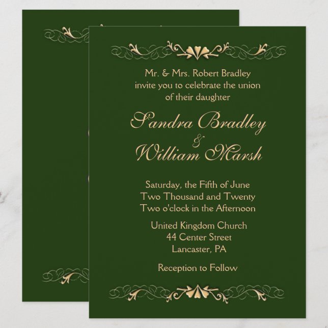 Invitación a la Boda Verde y Dorada de Cazador (Anverso / Reverso)