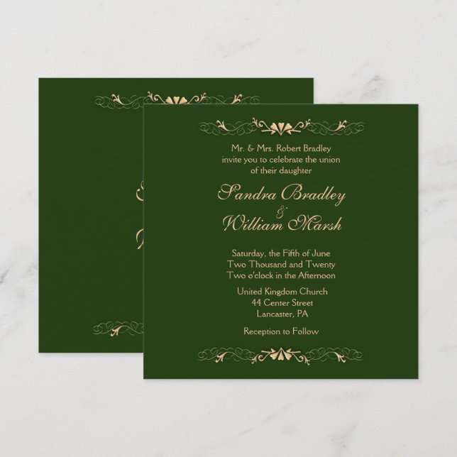 Invitación a la Boda Verde y Dorada de Cazador (Anverso / Reverso)