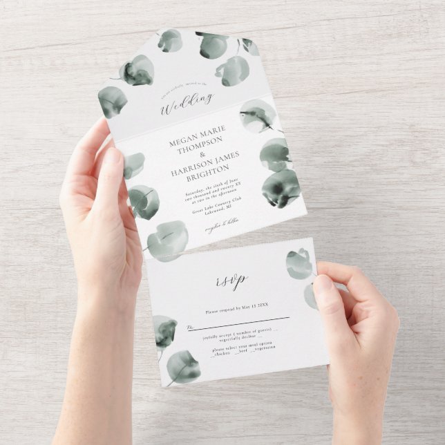 Invitación a la boda verde y eucalipto (desgarro)
