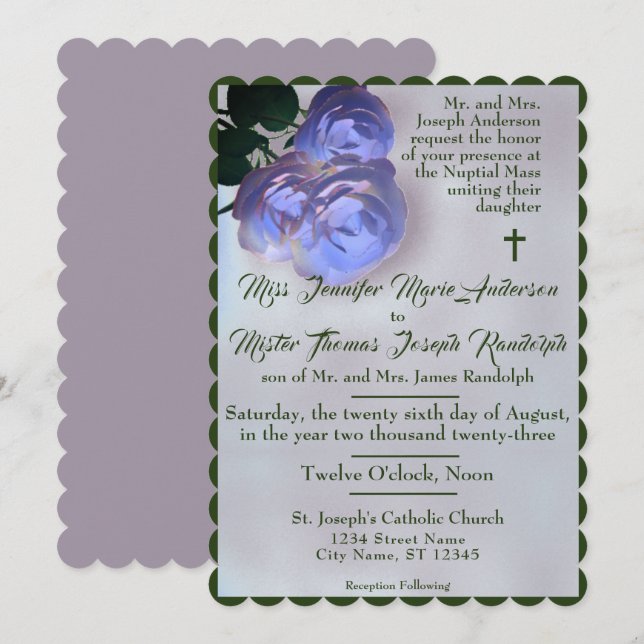 Invitación a la boda verde y malva emocional catól (Anverso / Reverso)