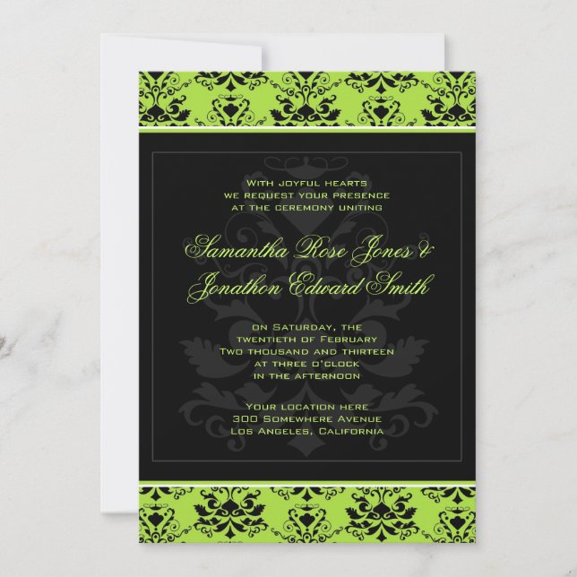 Invitación a la boda verde y negra de Apple Damask (Anverso)