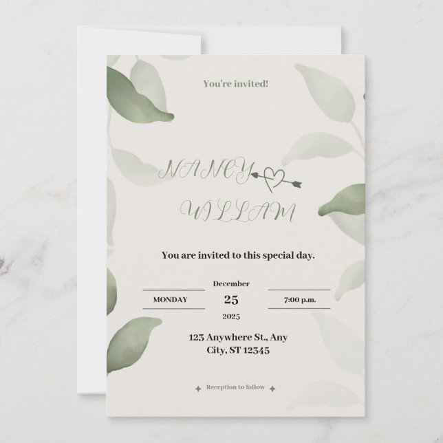 Invitación a la boda verde y negra moderna (Anverso)