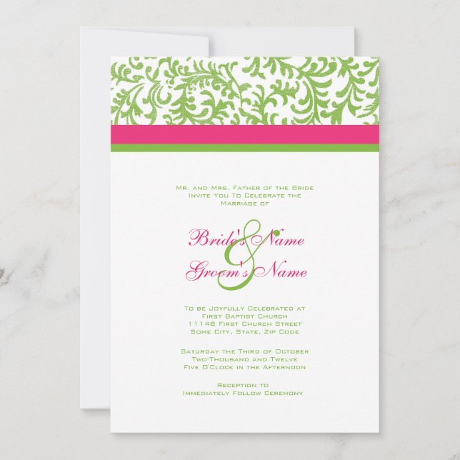 Invitación a la boda verde y rosa (Anverso)