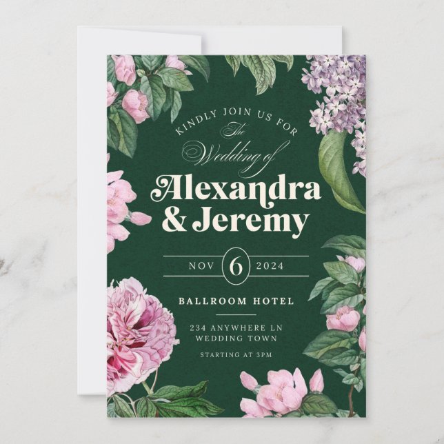Invitación a la Boda Verde y Rosa de los Jardín Fl (Anverso)