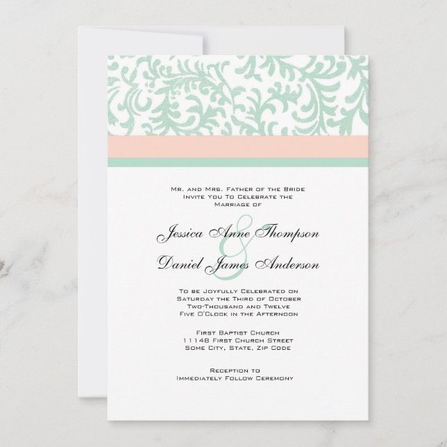 Invitación a la boda verde y rosada en la Casa de  (Anverso)