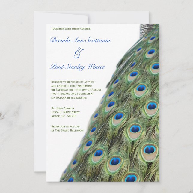Invitación a la boda vertical Peacock (Anverso)