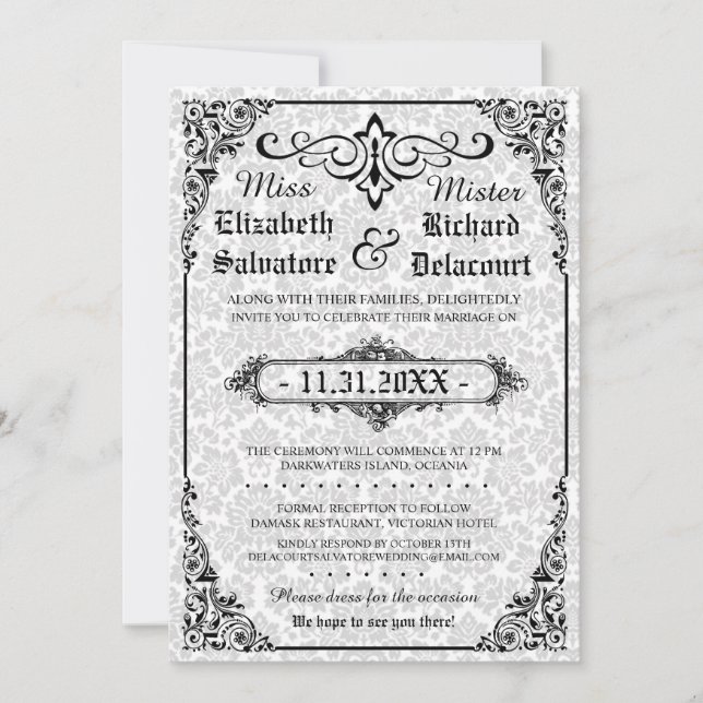 Invitación a la boda victoriana blanca en Damasco (Anverso)