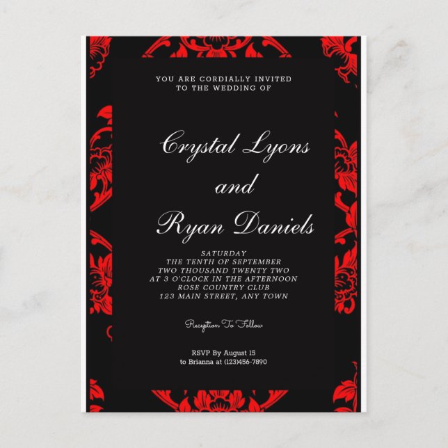 Invitación a la boda victoriana roja y negra (Anverso)