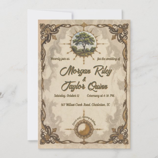 Invitación a la Boda Vintage de Árbol Antiguo (Anverso)