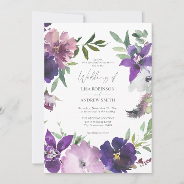 Invitación a la boda violeta con flores y lavanda  (Anverso)
