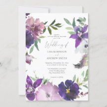 Invitación a la boda violeta con flores y lavanda 