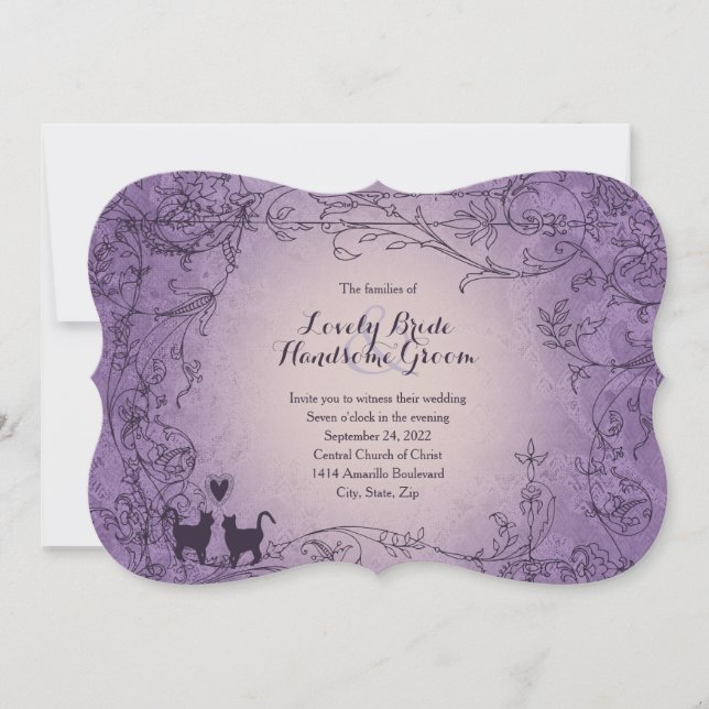 Invitación a la boda violeta de Fancy Cat Amantes (Anverso)