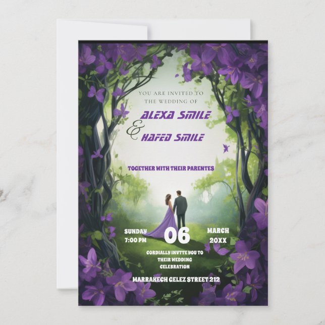 Invitación a la boda violeta de flores silvestres, (Anverso)