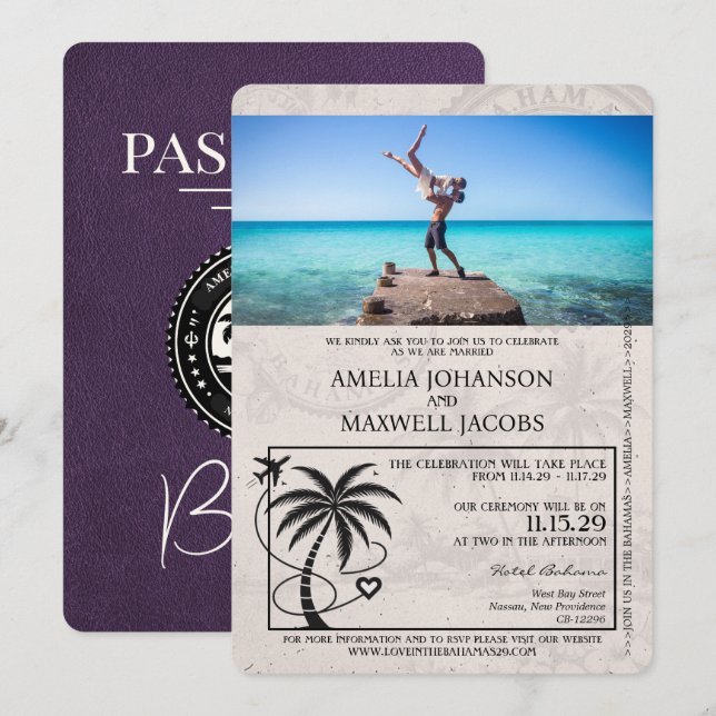 Invitación a la boda violeta púrpura en Bahamas Pa (Anverso / Reverso)