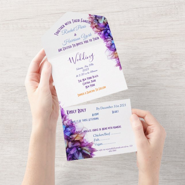 Invitación a la boda violeta púrpura en resumen mo (desgarro)