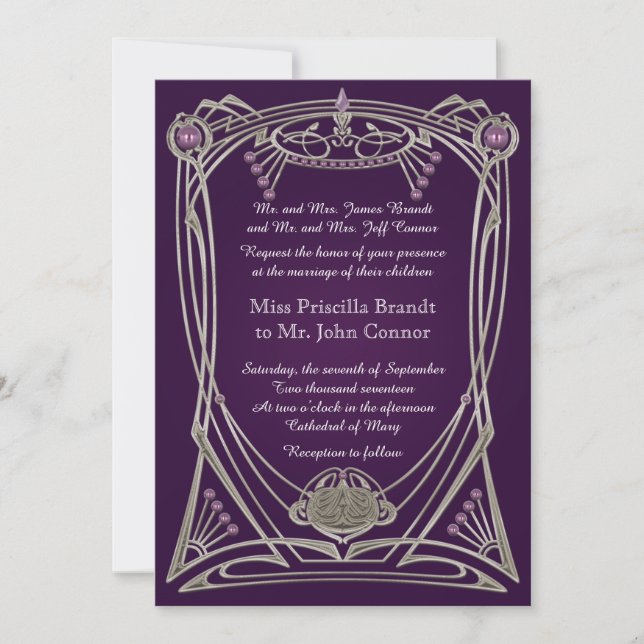 Invitación a la boda violeta y oro (Anverso)