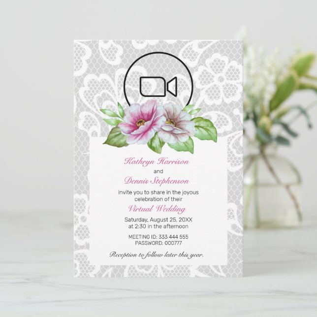 Invitación a la boda virtual floral y de encaje (Anverso de pie)