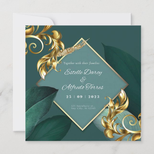 Invitación a la boda virtual verde y moderna de or (Anverso)
