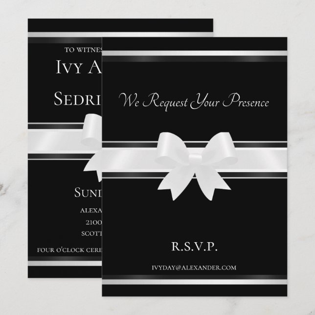 Invitación a la boda White Bow & Black Classic II (Anverso / Reverso)