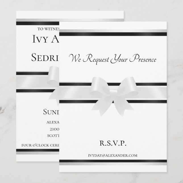 Invitación a la boda White Bow y Black Classic II (Anverso / Reverso)
