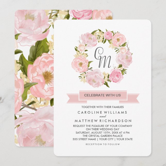 Invitación a la boda Wreath de Rubor Pink Peony (Anverso / Reverso)