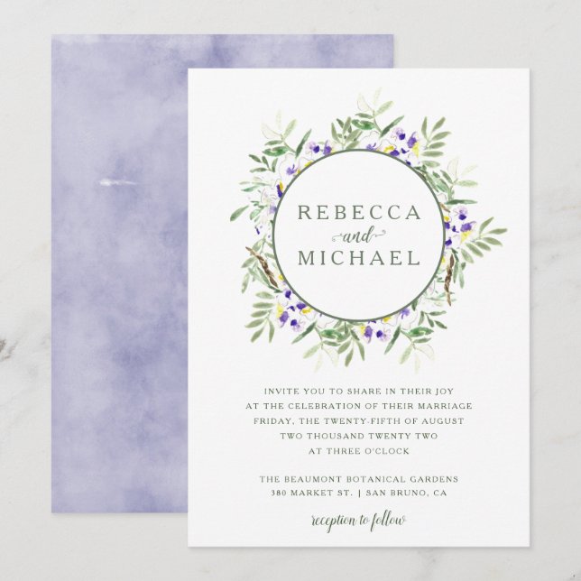 Invitación a la boda Wreath Wreath Wisteria de col (Anverso / Reverso)